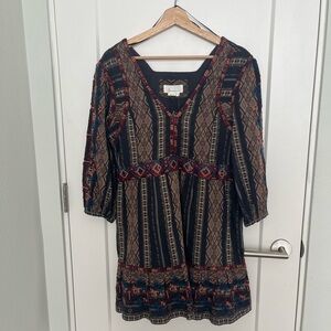 NWT Anthropologie Boho Embroidered V-Neck Tunic Dress in Navy and Brown